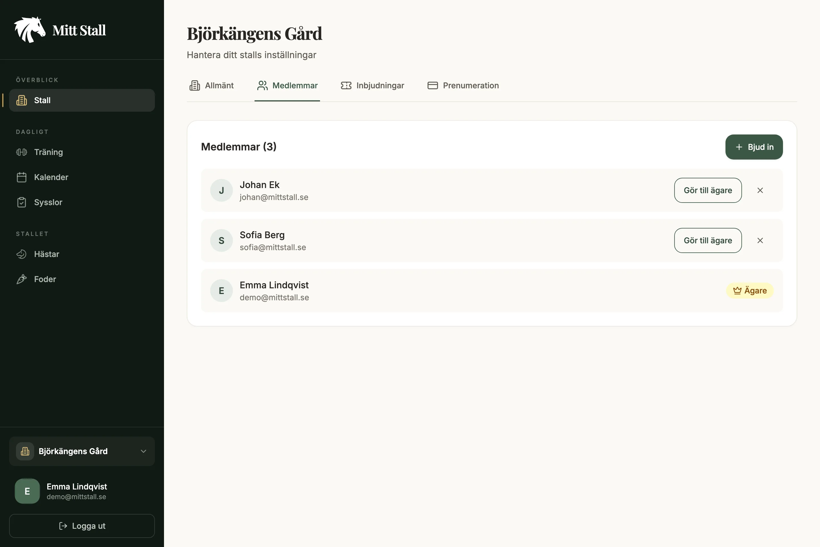 Medlemshantering i Mitt Stall med stallmedlemmar och inbjudningar