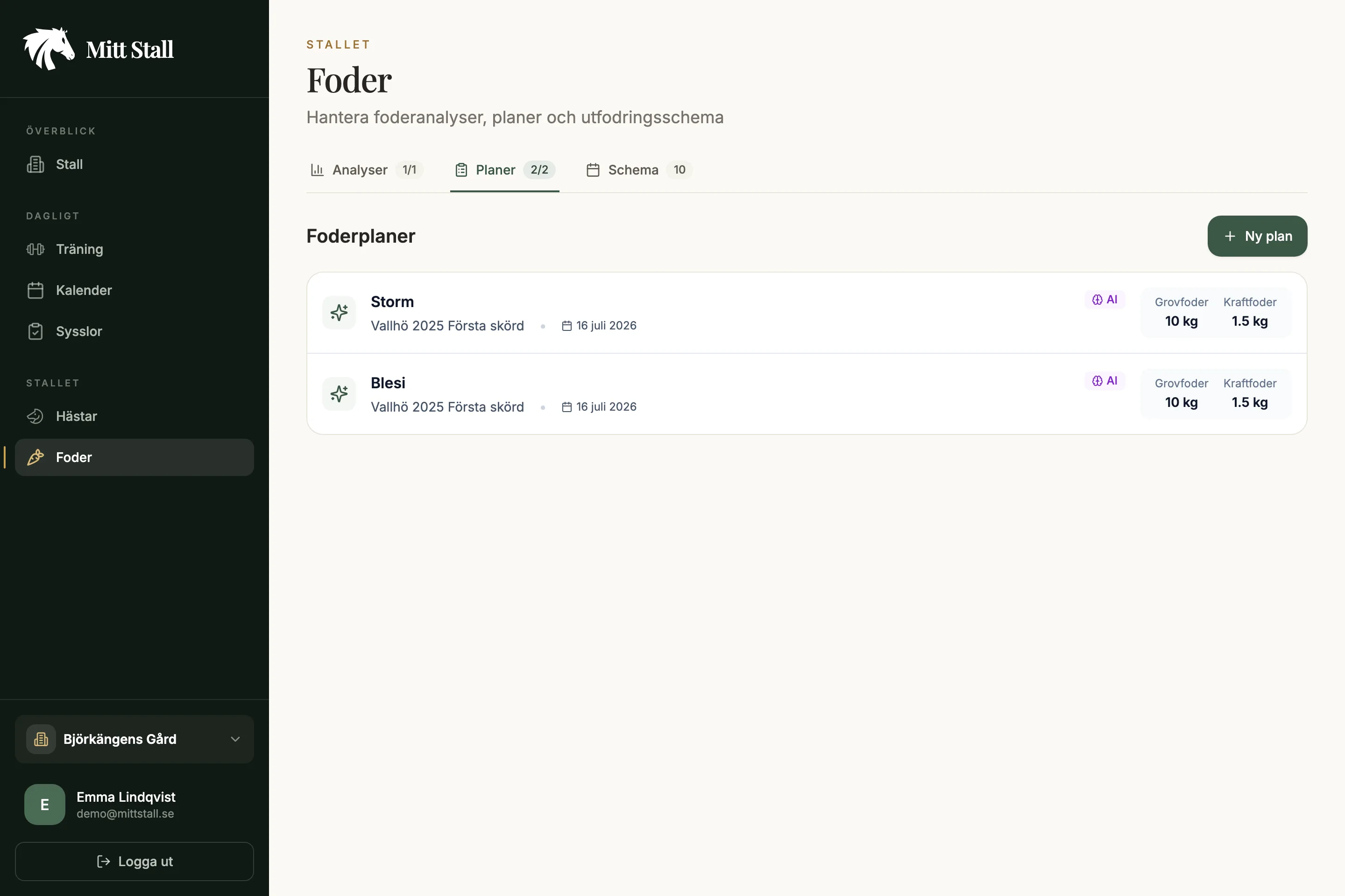 Foderplaner i Mitt Stall med AI-genererade planer för hästarna Storm och Blesi
